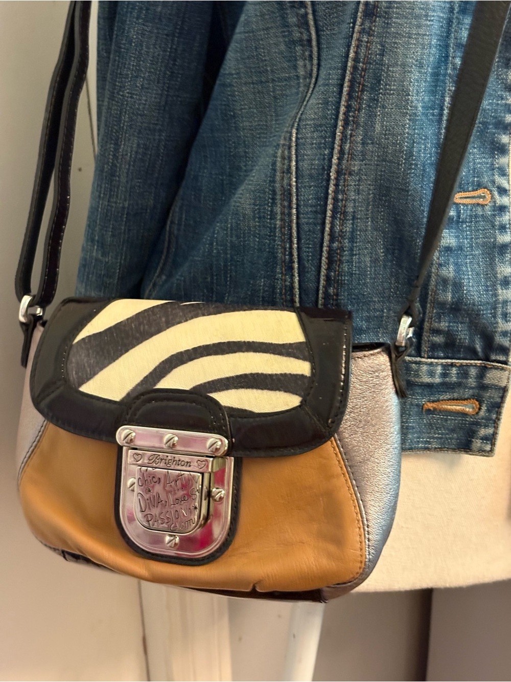 Brighton Zebra-Accent Leather Crossbody in Black, Tan & Cream - Picture 6 of 13